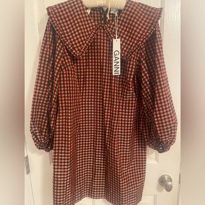 Ganni Seersucker Check Mini Dress (color: flame; size 44EU)